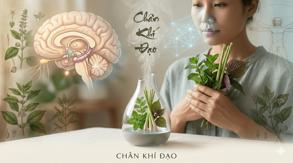 Illustration of Chân Khí Đạo showing the human brain, Vietnamese aromatic plants, and a practitioner to represent the neuro-endocrine approach to healing.