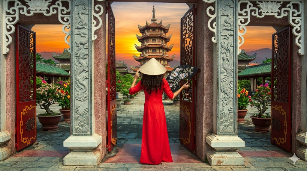 A wide-angle view of a woman in a red Vietnamese Áo Dài and conical hat standing between ornate stone gates, looking toward a tall traditional pagoda and a sunset, symbolizing the discovery of ancient health traditions.