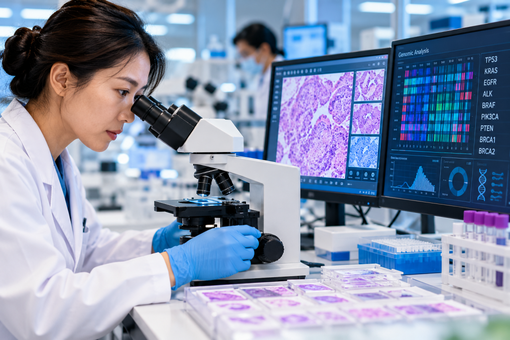 Female laboratory scientist examining cancer tissue under a microscope beside molecular diagnostic and genomic analysis displays.